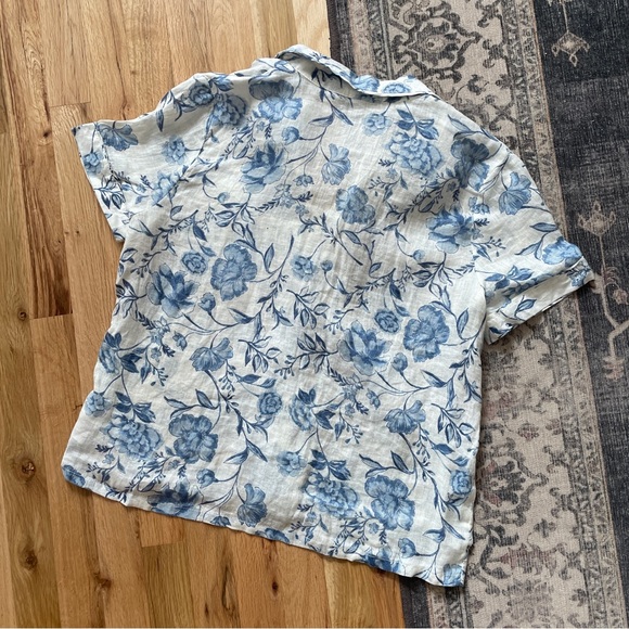 Rachel Ashwell Floral Blue White Linen Short Sleeve Button Down Small - Picture 2 of 5
